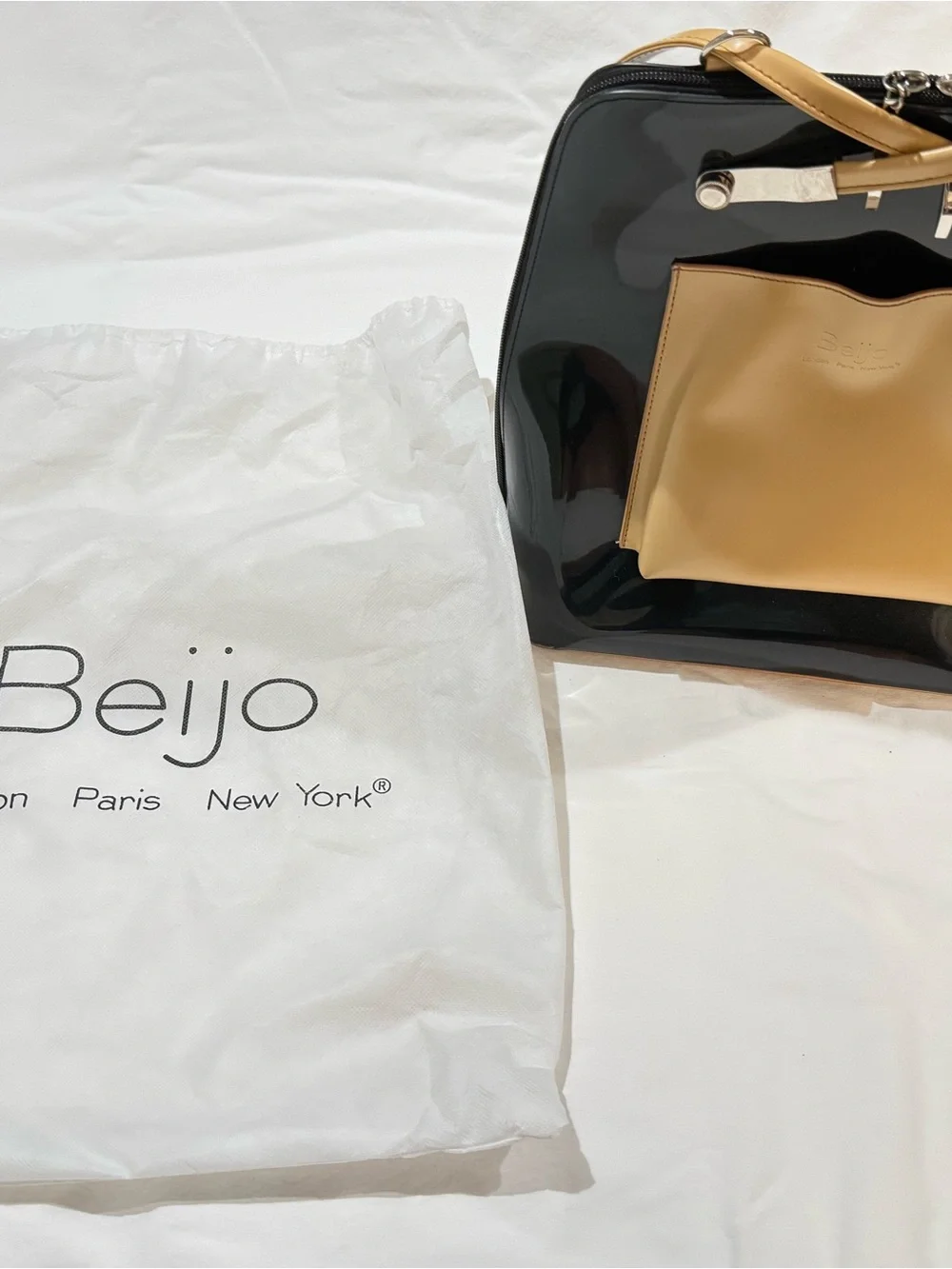 Beijo Black Patent Backpack Tote with Tan Front Pocket and Straps